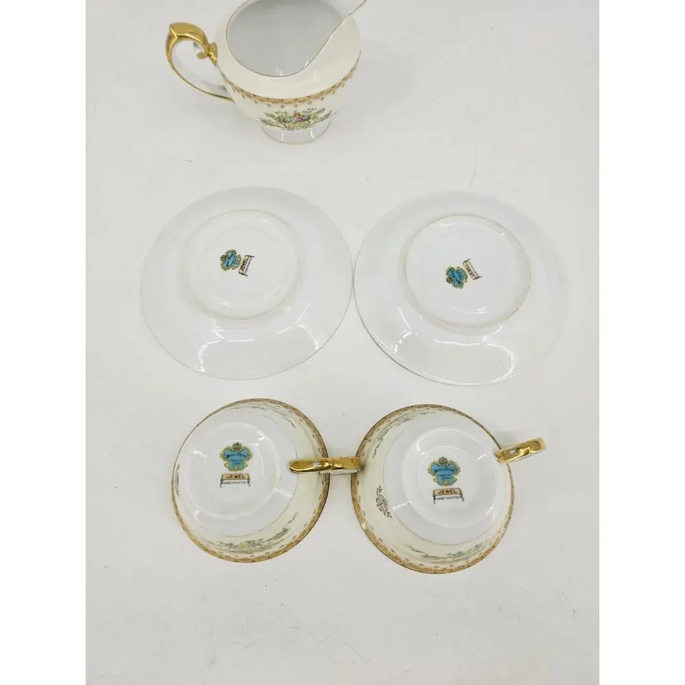 Meito Jewel Floral & Gold Pattern Set Of 2 Cups & Saucers & Creamer Japan